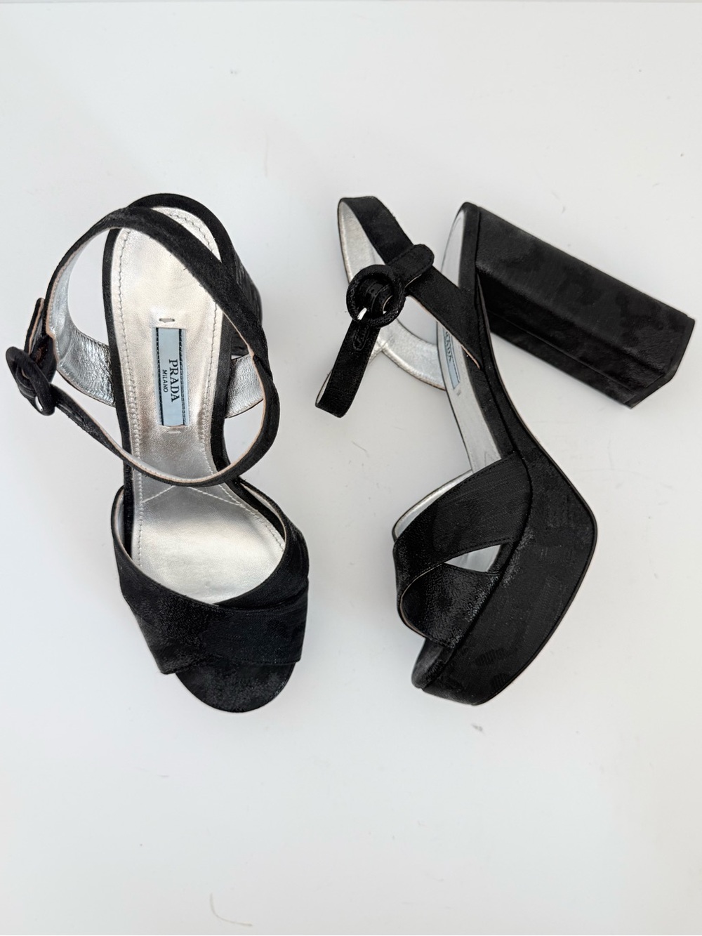 Prada SS17 Jacquard Lurex Black Platform Block Heel Sandals 37.5
